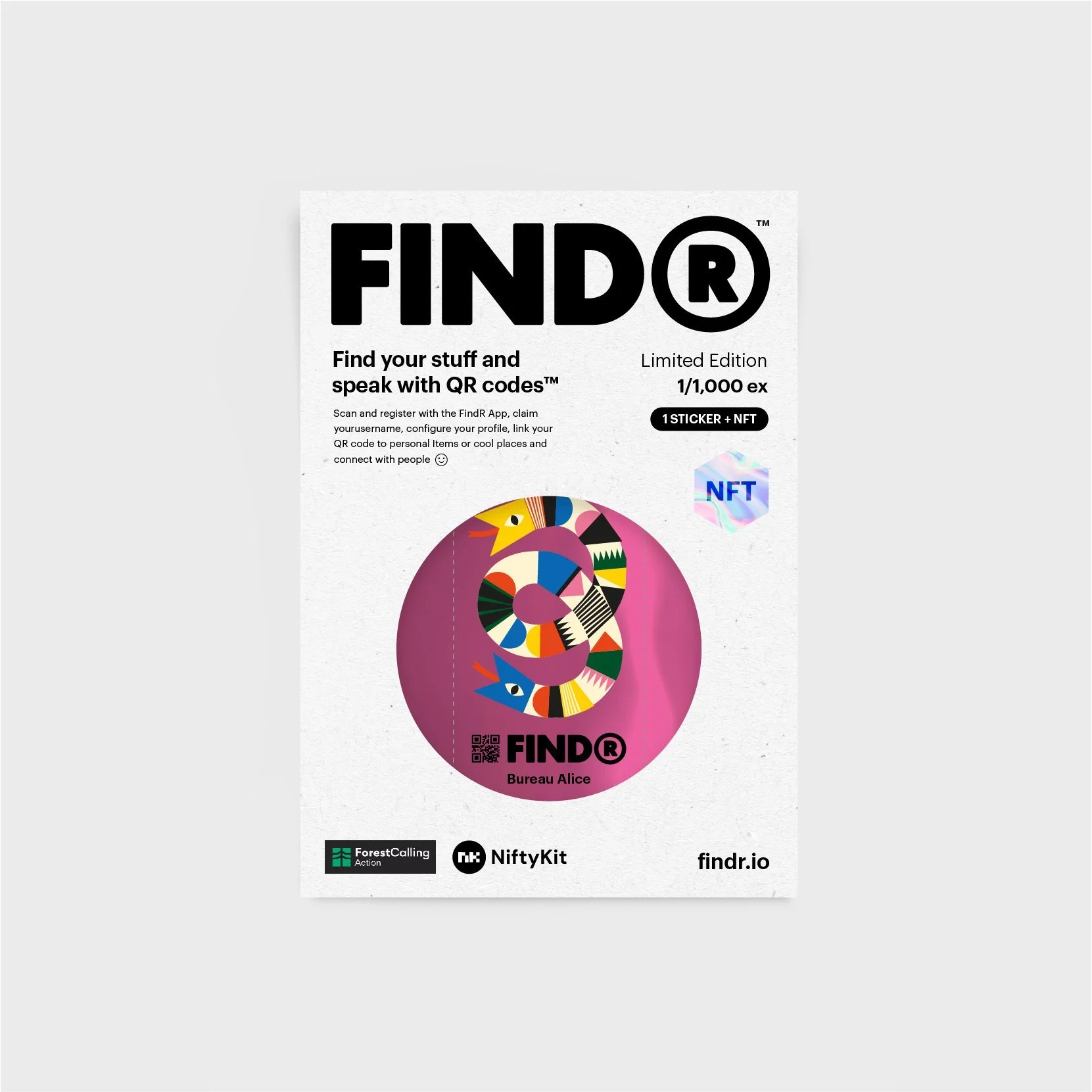 FindR Édition limitée d'autocollants avec QR code et NFT - avec une illustration du Bureau Alice