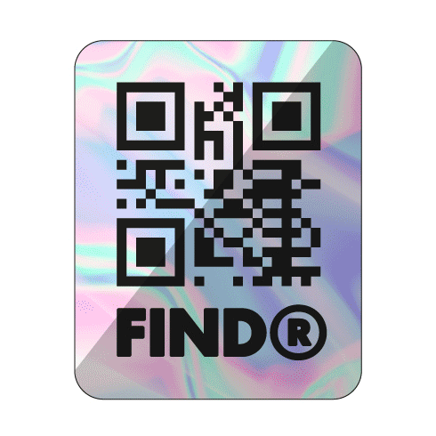 A QR code above the word "FINDR" on a holographic background.