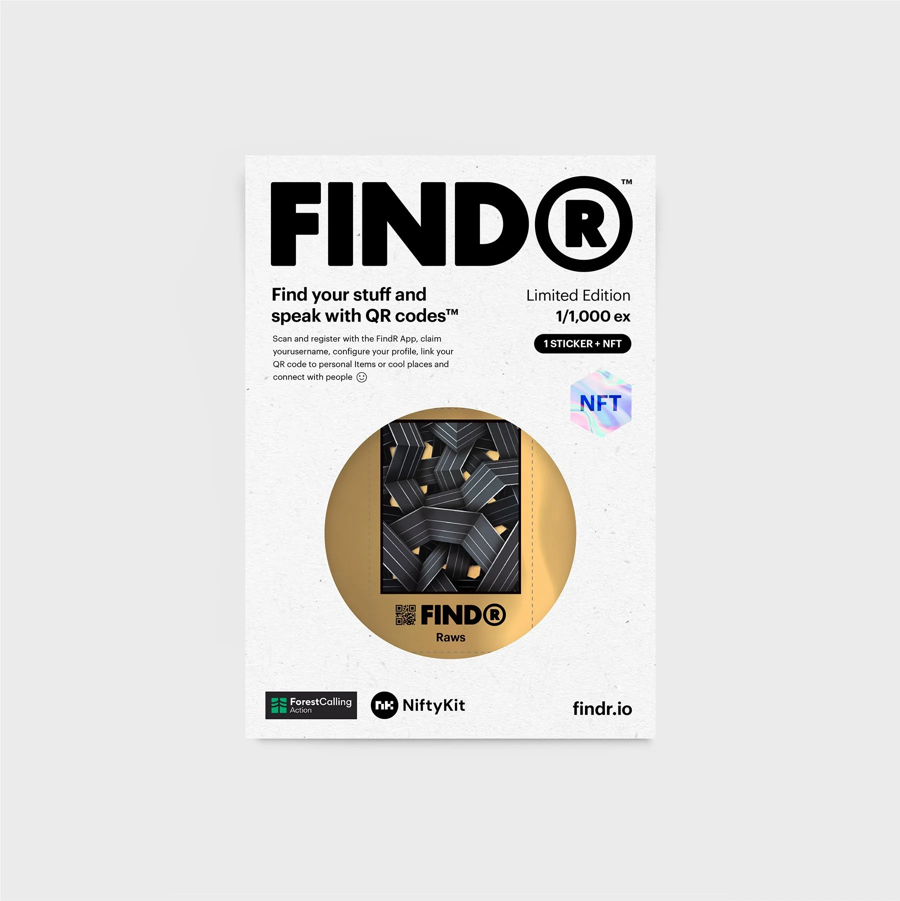 FindR Édition limitée d'autocollants avec QR code et NFT - avec une œuvre d'art de Raws