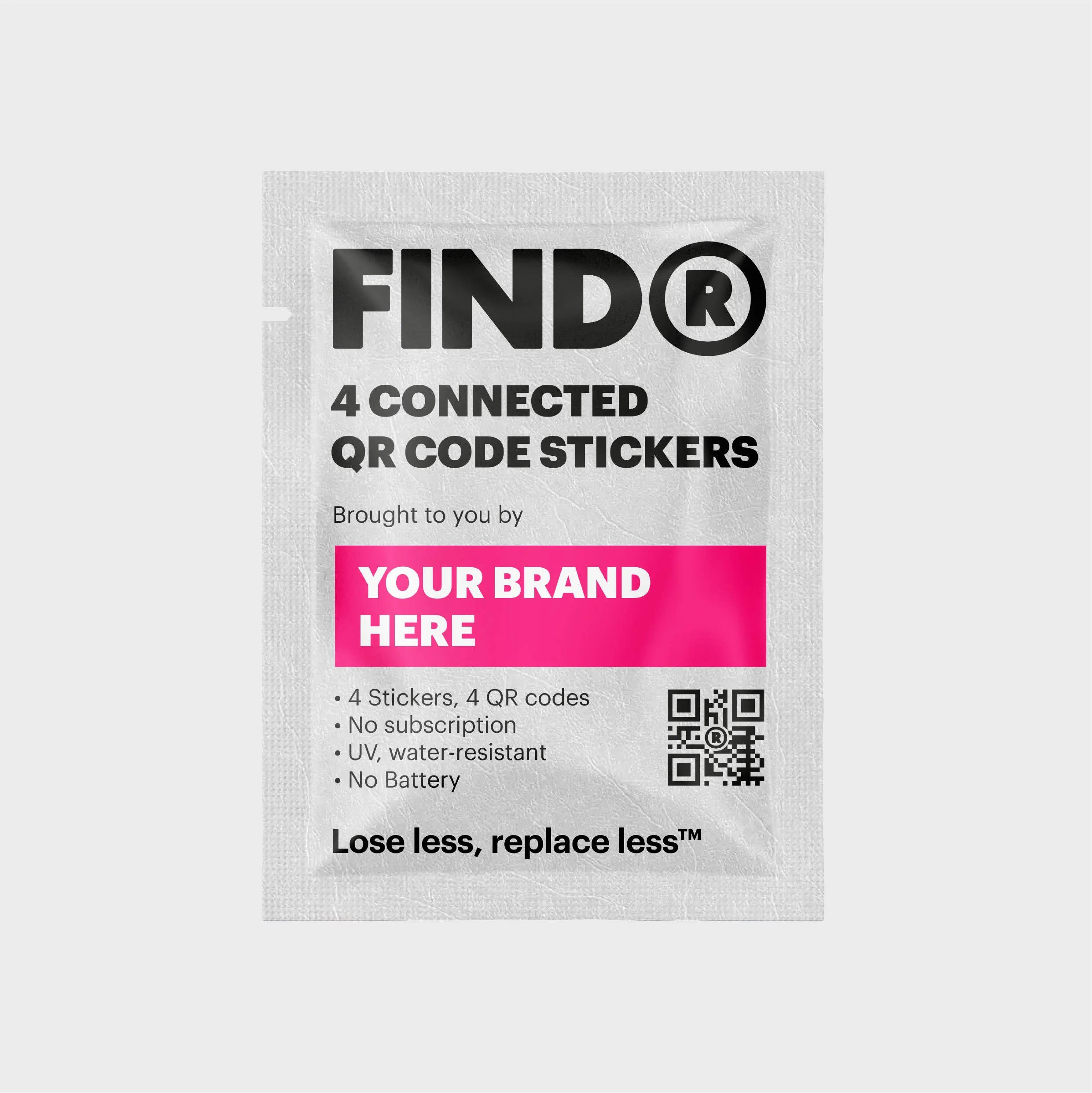 Packet of FINDR connected QR code stickers, featuring space for custom branding, includes four stickers with no subscription requirement, UV and water-resistant, no battery needed.