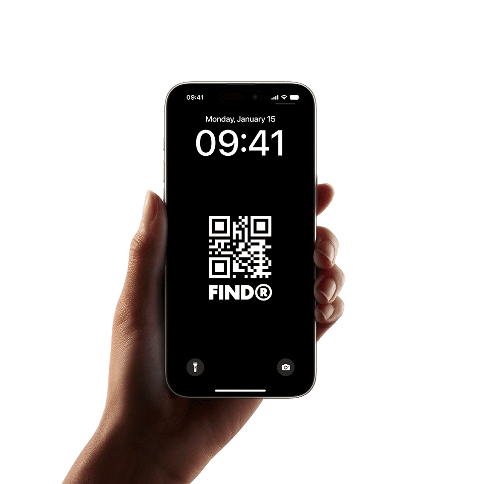 Person holding a smartphone displaying a QR code and the text 'FINDR' against a black screen with a teal background.