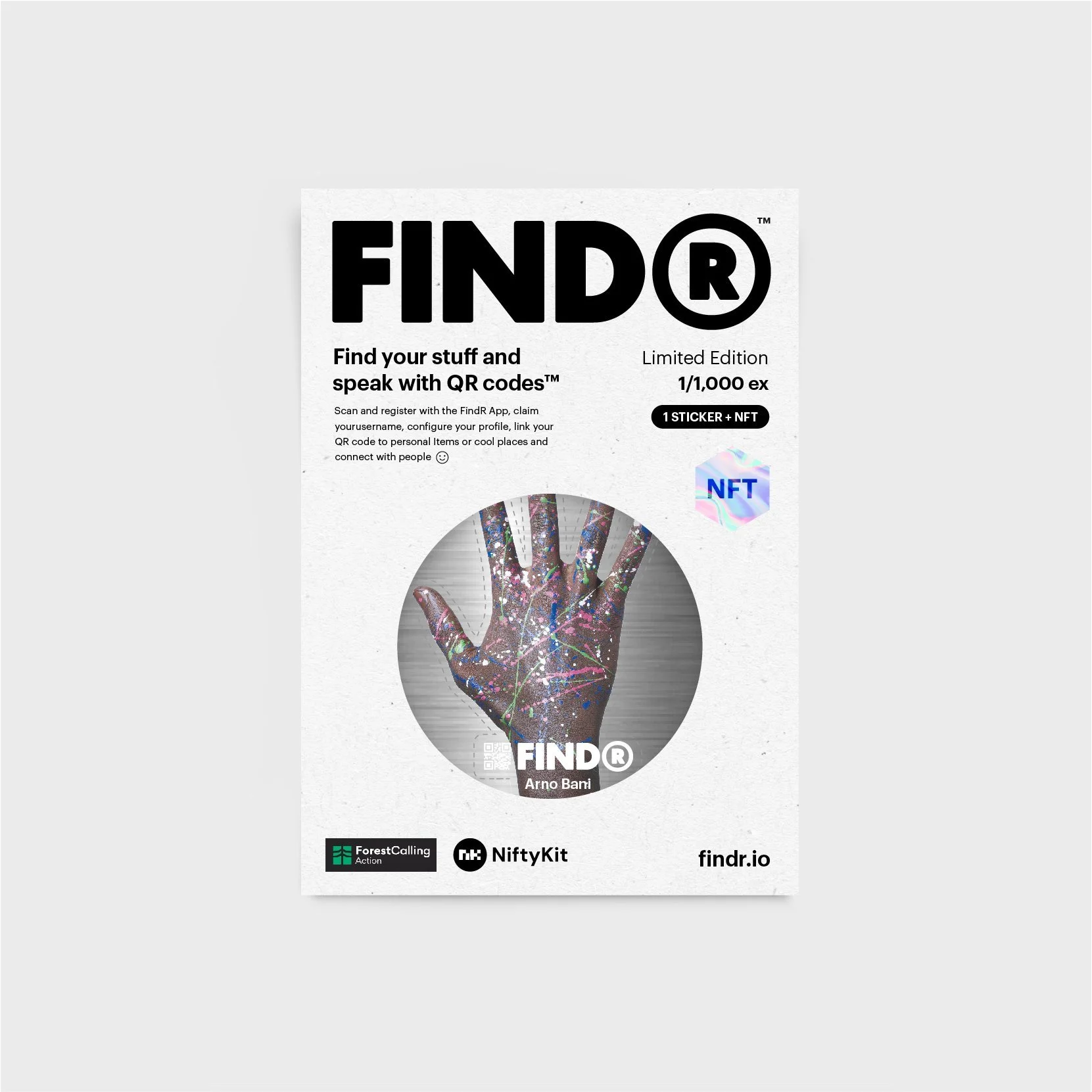 FindR Étiquette de QR code et NFT  en édition limitée - avec une œuvre d'Arno Bani