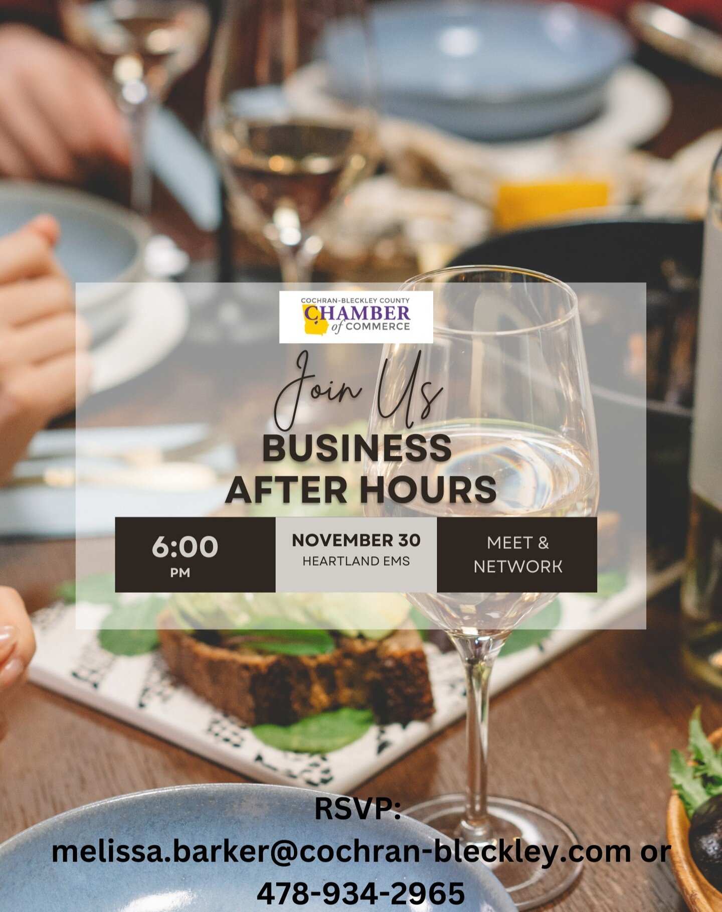 Business After Hours is just around the corner! Please come join us, but please RSVP by Friday, November 24th!

email or call Melissa :
melissa.barker@cochran-bleckley.com
478-934-2965