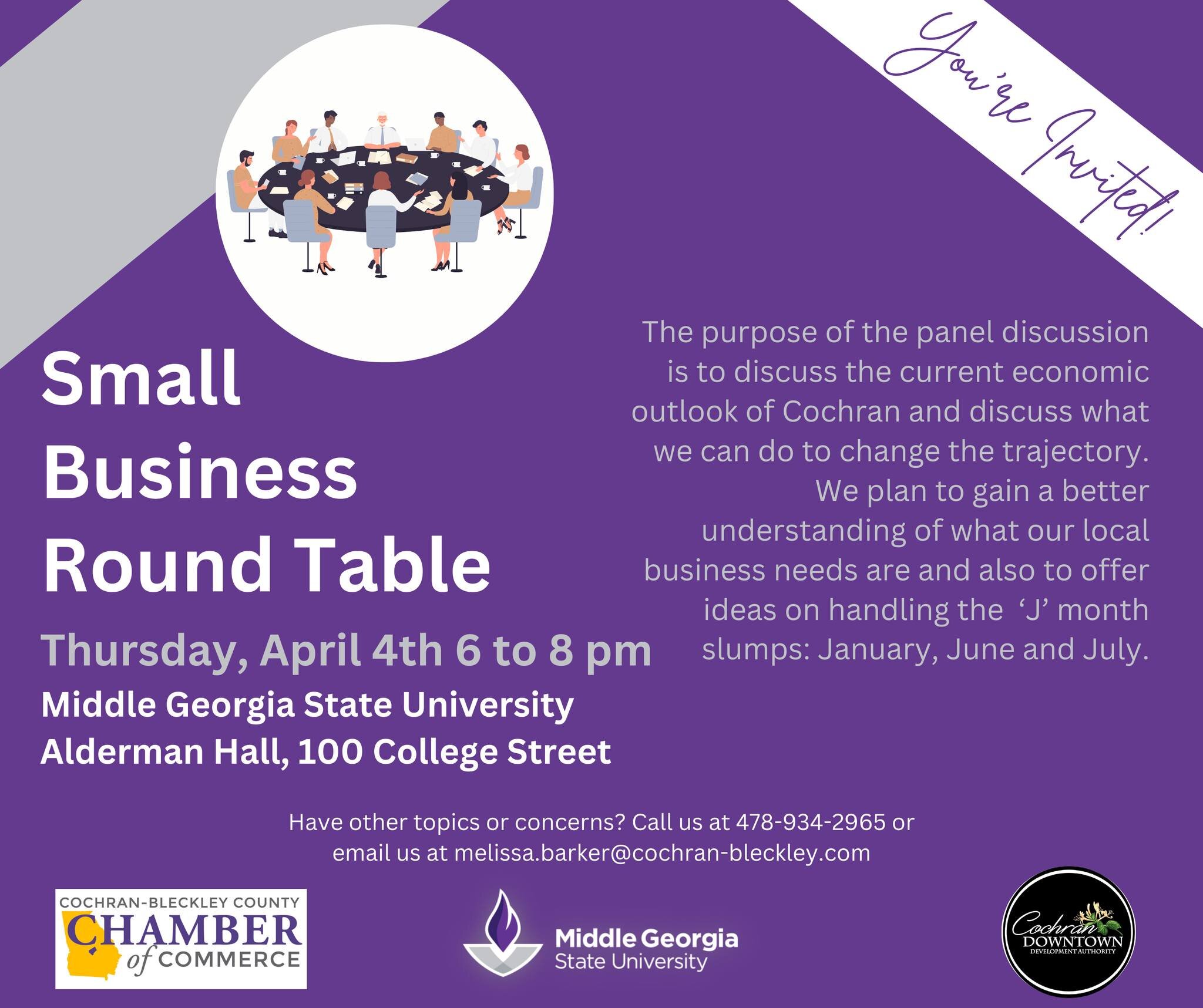 You're Invited!
Come join us as we discuss the current economic state of our area and talk about ways local businesses can change the trajectory of their businesses especially in the upcoming June and July months.
Have other topics or concerns? Call 