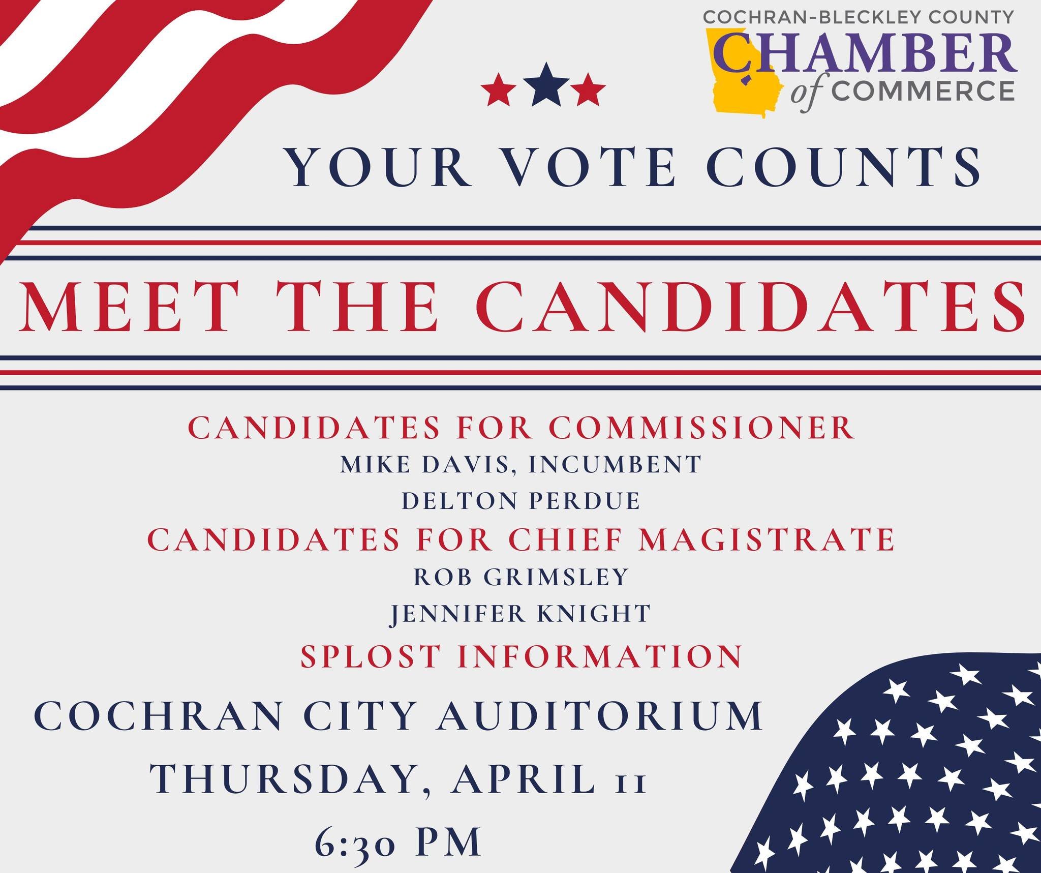 🚨THIS THURSDAY, APRIL 11TH🚨
Come out and Meet the Candidates, this will be held at the Cochran City Auditorium at 6:30 P.M. 
#YourVoteMatters