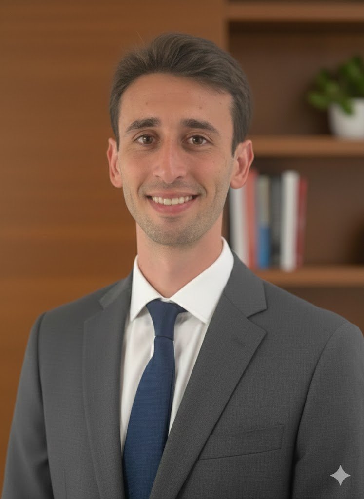 A young man with short brown hair, blue eyes, and fair skin smiling in an indoor setting with a blurred plant in the background.