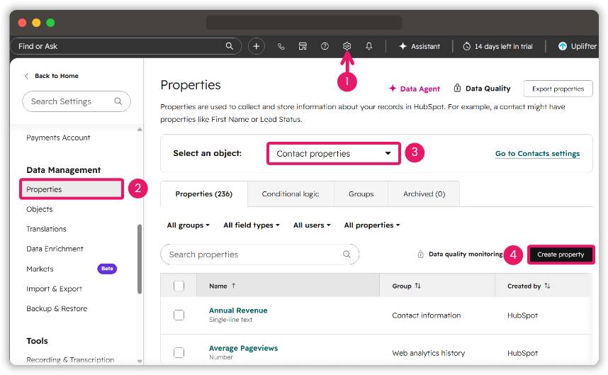 HubSpot Properties page showing where to create new contact properties for UTM tracking.