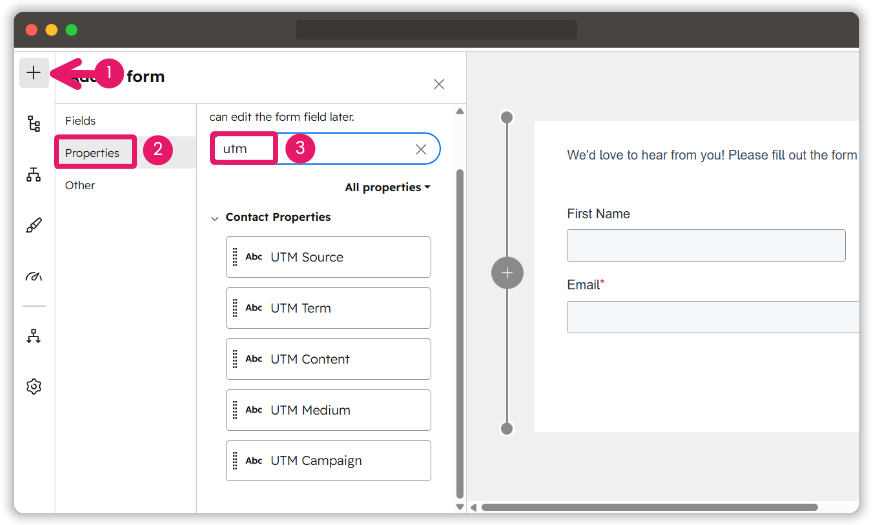 Editing a HubSpot form field to make UTM Source and other UTM fields hidden.