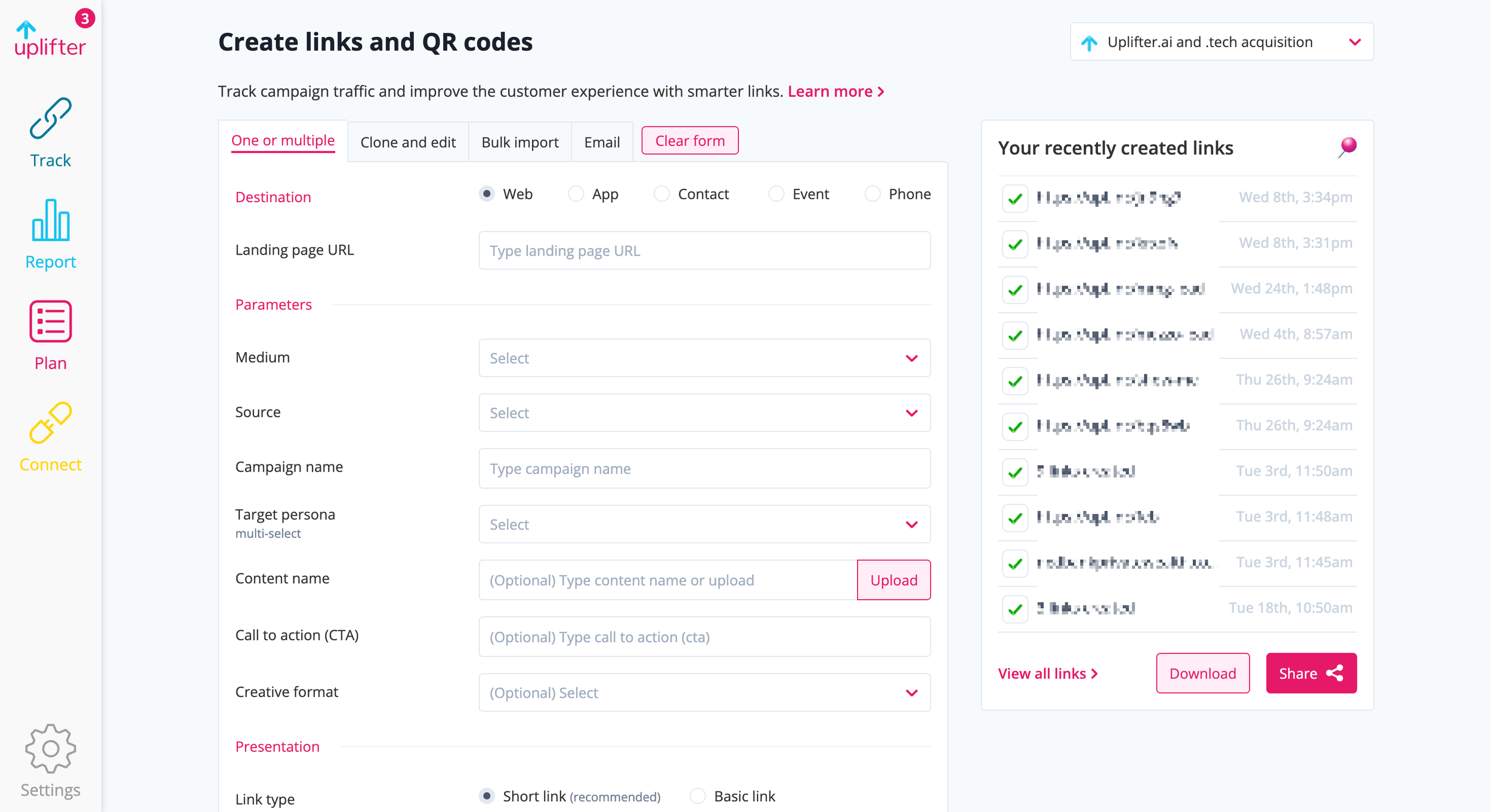 Screenshot of the Uplifter link management platform