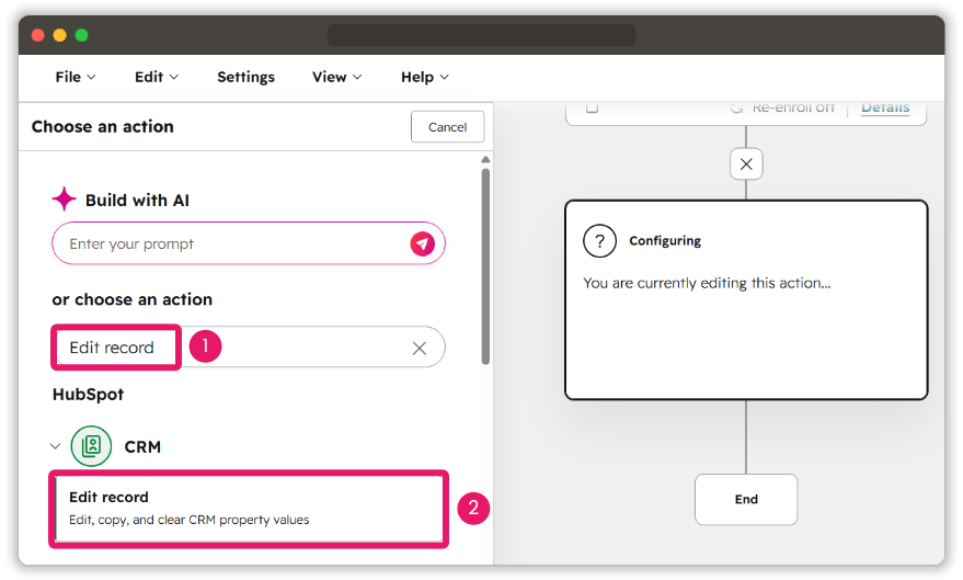 Choosing the Edit record action in HubSpot for an original UTM archive workflow.