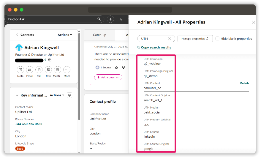 HubSpot UTM properties after a second form submission, with latest-touch LinkedIn data and original-touch Google data.