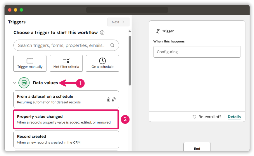 HubSpot trigger builder showing Data values and the Property value changed trigger.