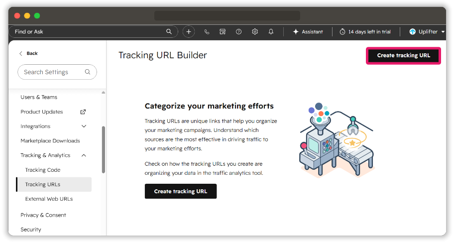 Tracking URL Builder in HubSpot with the Create tracking URL button selected.