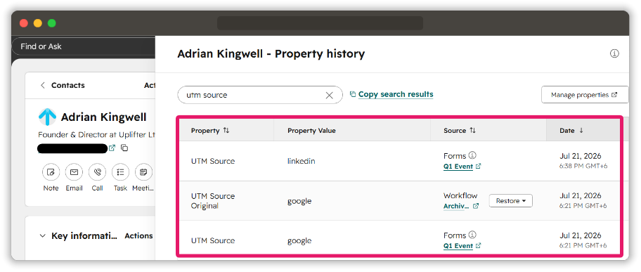 HubSpot contact property history comparing the latest UTM source with the preserved original source
