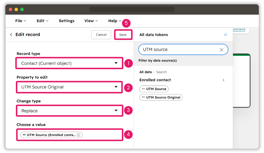 HubSpot workflow Edit record settings for copying UTM Source to the original field