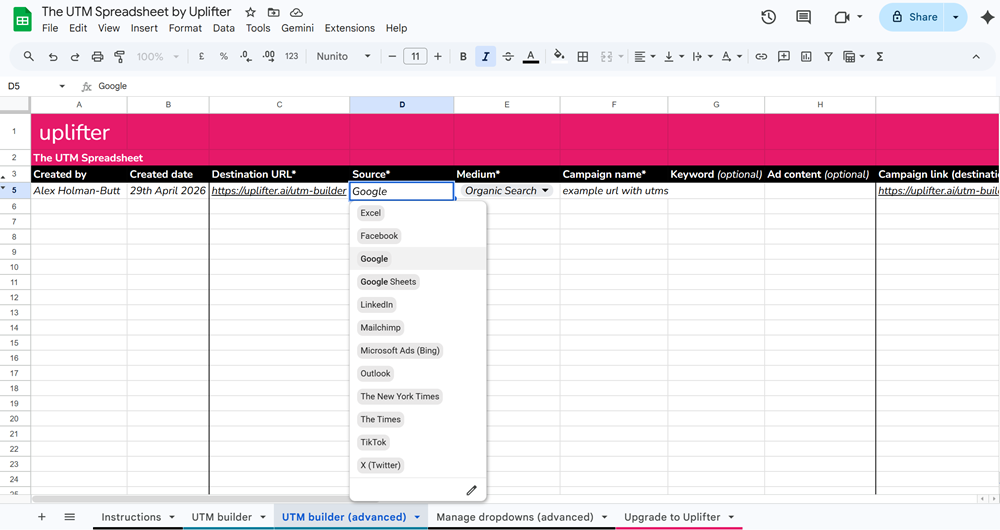 Uplifter UTM spreadsheet template