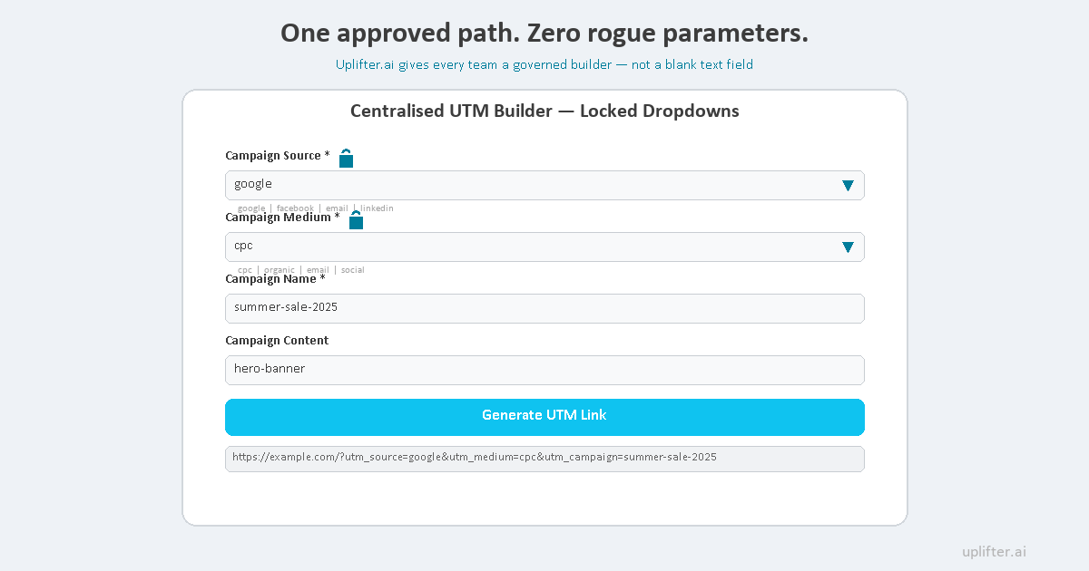 Centralised UTM builder with locked dropdown fields mockup