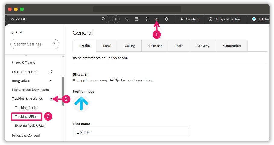 HubSpot settings page with Tracking URLs highlighted under Tracking & Analytics.