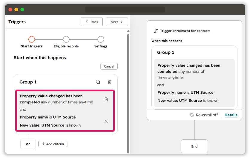 Contact workflow trigger in HubSpot showing UTM Source as the known property value