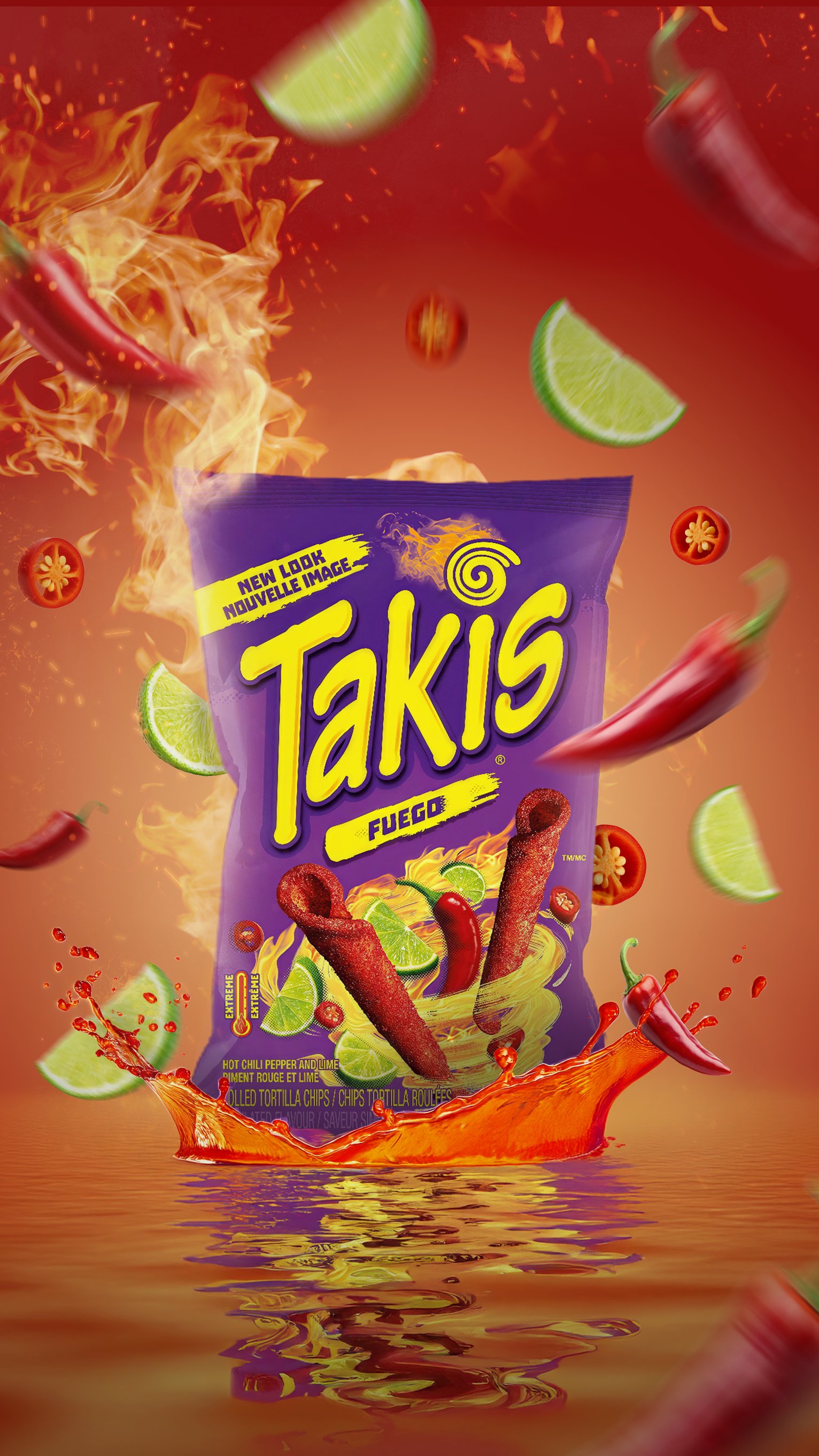 Package of Takis Fuerg spicy rolled tortilla chips with chili peppers and lime slices splashing into water with flames and floating chili peppers around.