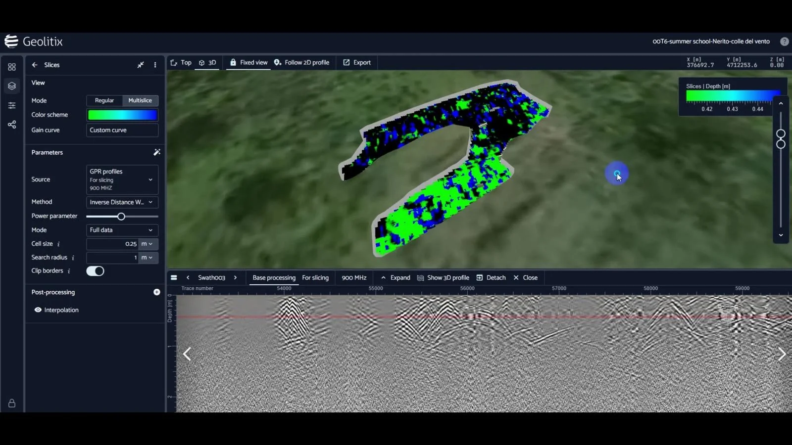 GPR depth slices laid over the drone model of Colle del Vento