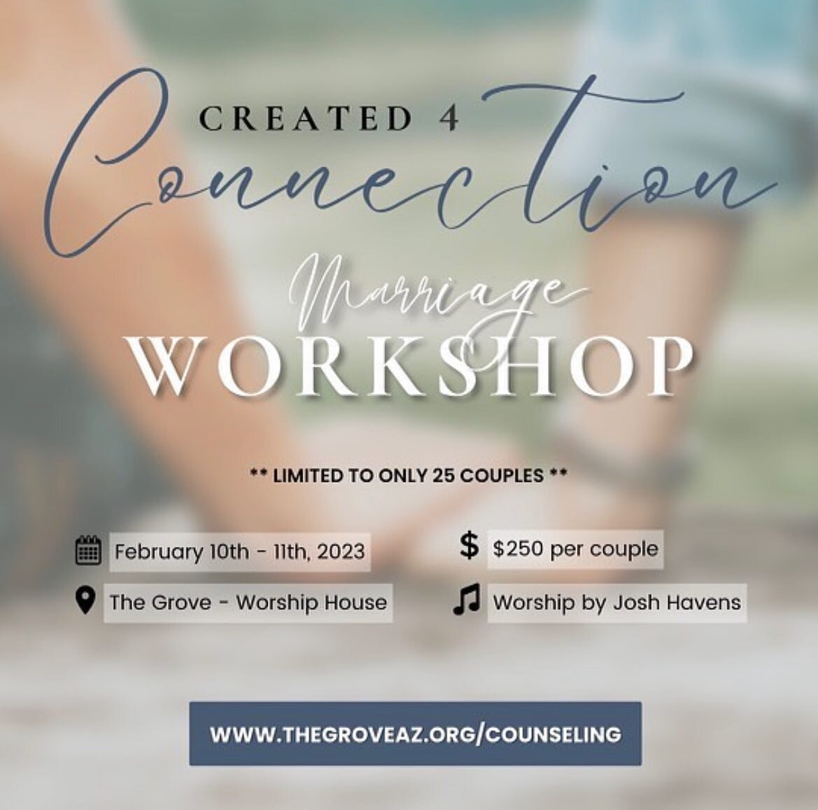 It&rsquo;s not to late to sign up for our Created 4 Connection workshop. We only have a few spots left and you won&rsquo;t want to miss out of this opportunity to pour into your marriage.  Our Mederi therapist will be facilitating the workshop. We wi