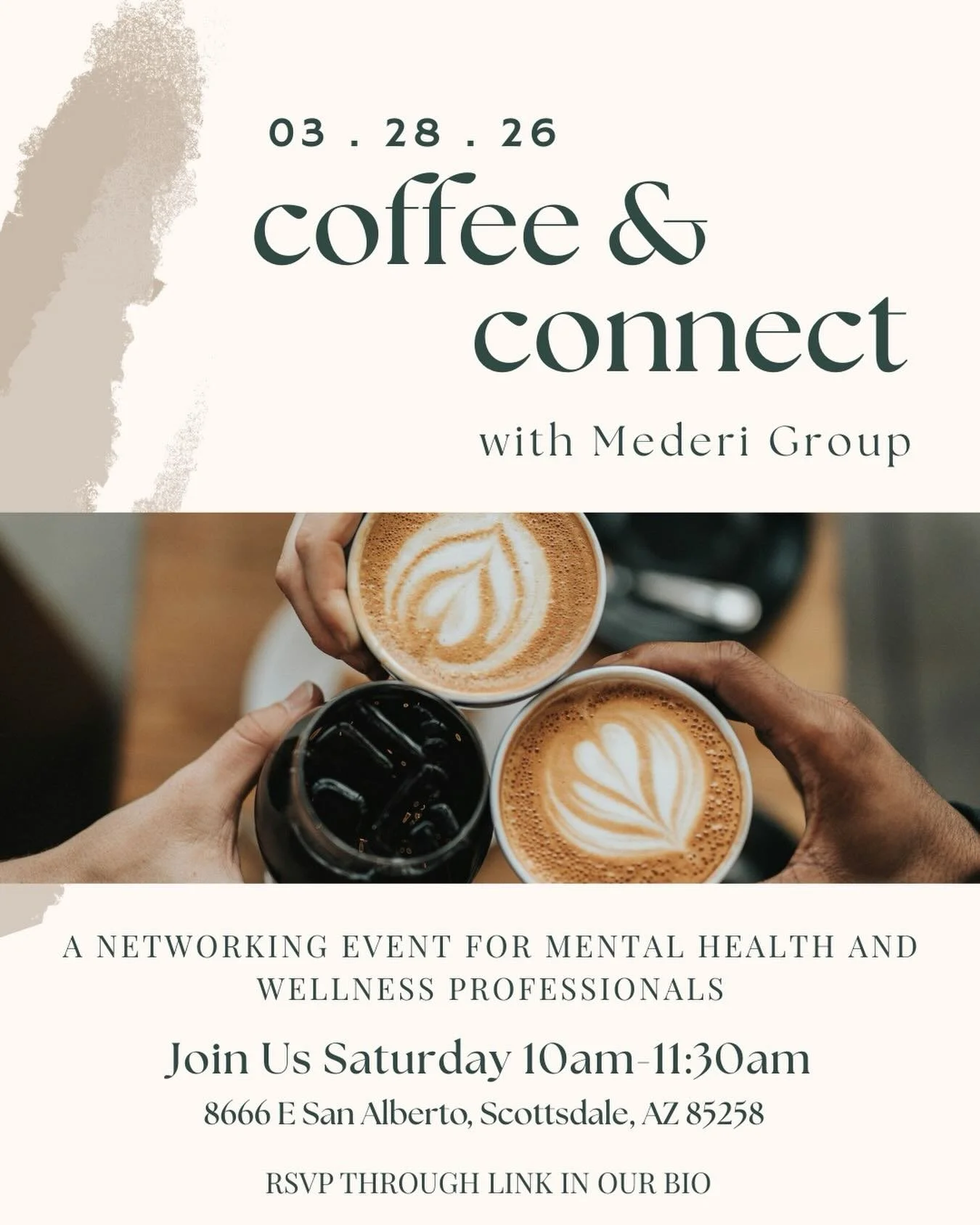 Reminder that our Spring Coffee &amp; Connect is this Saturday ☕🌿

We&rsquo;re looking forward to gathering with therapists and wellness professionals for a relaxed, intentional morning of connection.

Saturday, March 28th | 10&ndash;11:30 AM
Mederi