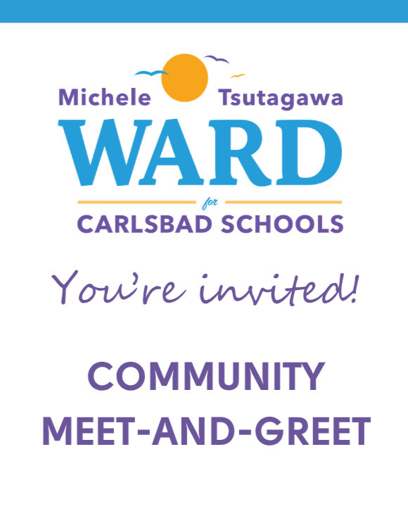 Invitation for a community meet-and-greet event with Michele Tsutagawa Ward for Carlsbad Schools featuring a sunset and seagulls illustration.