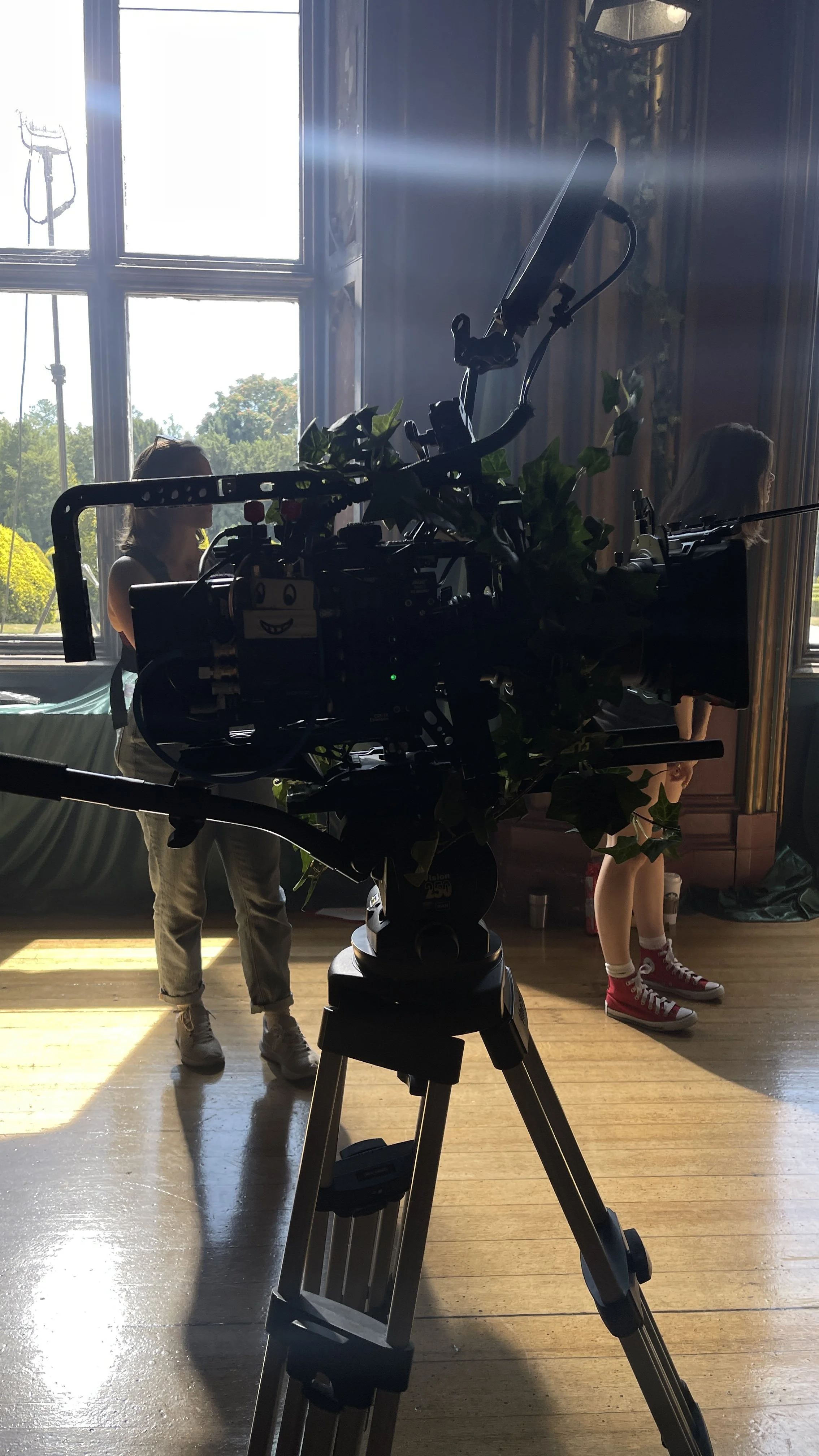 A video camera with greenery decorations on it is set up in a room with large windows, two children are visible in the background, one wearing beige pants and the other red shoes and socks, inside a space with sunlight streaming in.
