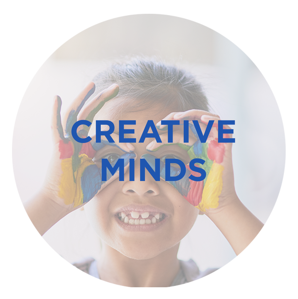 Child with painted hands holding glasses over eyes, smiling, with the text 'CREATIVE MINDS' overlaid.
