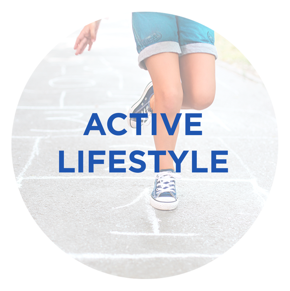 Child in shorts and sneakers on a hopscotch court, with text overlay that says "Active Lifestyle."