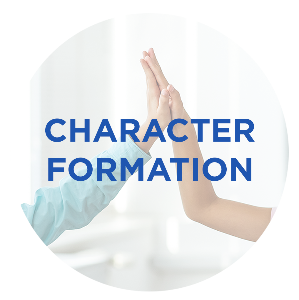 Two people in medical attire high-fiving with the words 'Character Formation' overlaid.