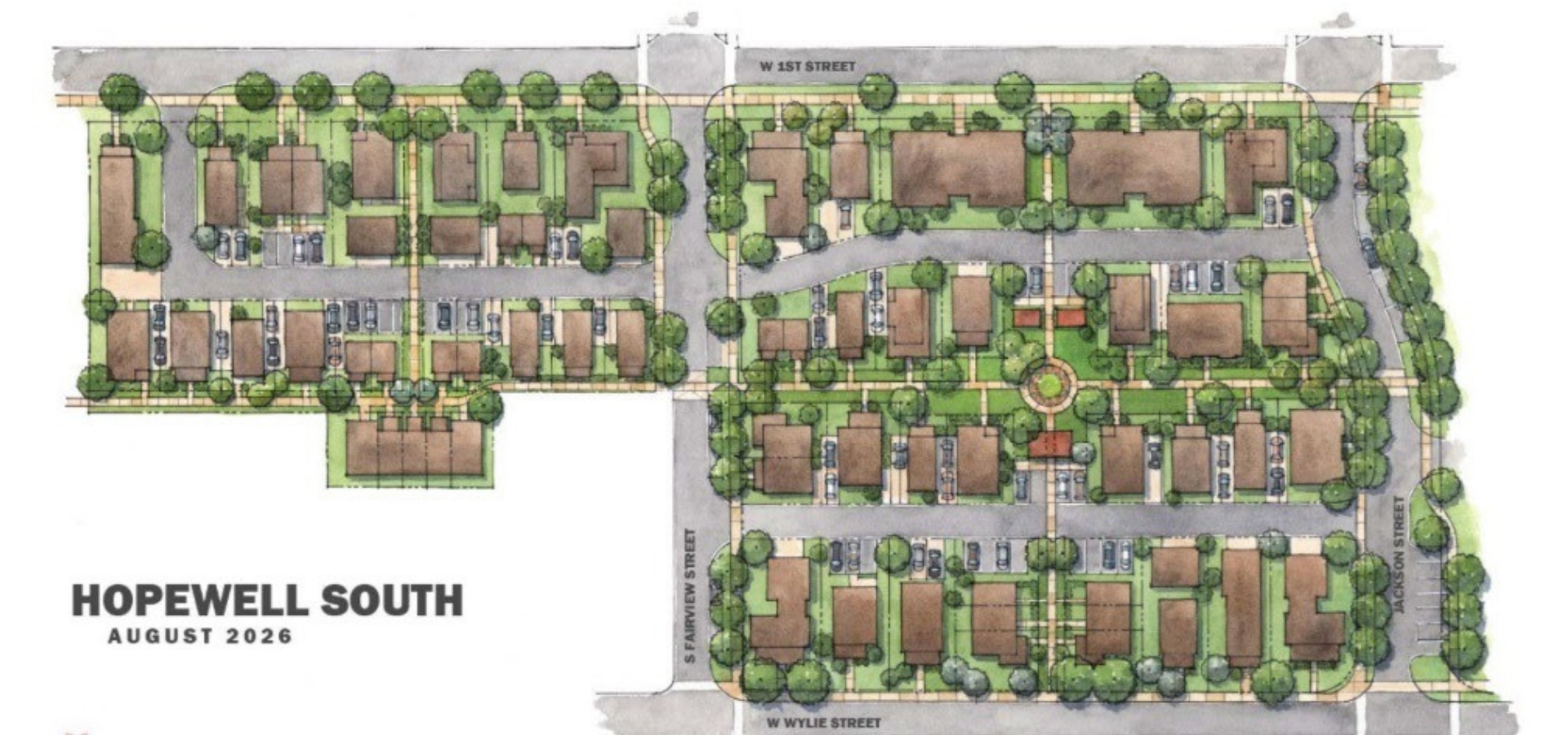Colorful layout map of Hopewell South residential community, showing streets, houses, parking areas, trees, and pathways, dated August 2026.