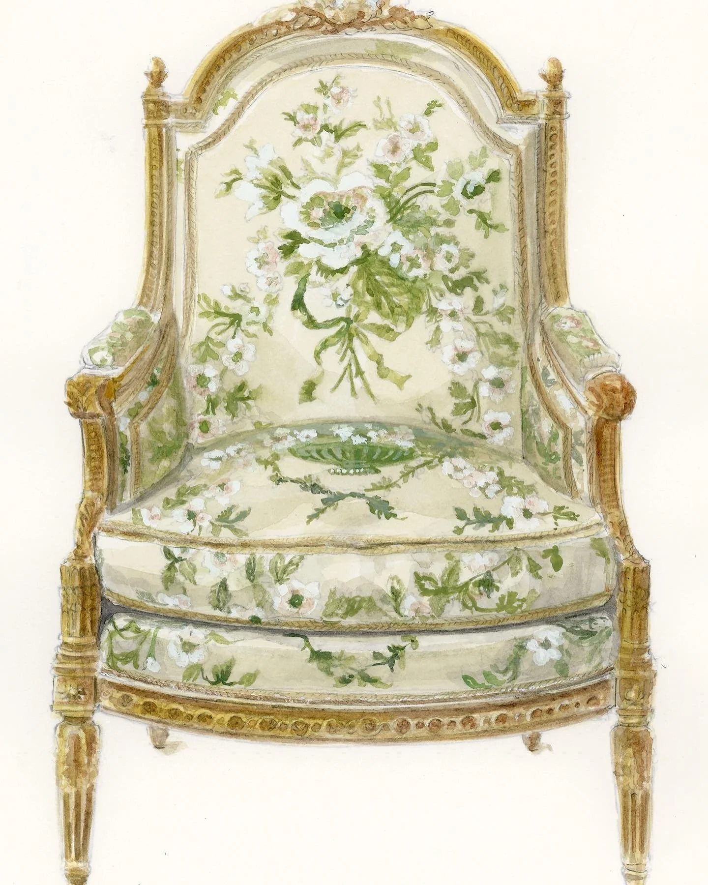 I painted this 18th century Berg&egrave;re &agrave; la reine not long after a visit to the Metropolitan Museum of Art, New York. (I have this &lsquo;thing&rsquo; for studying/painting furnishings)

The original chairs were created by Jean-Baptiste De