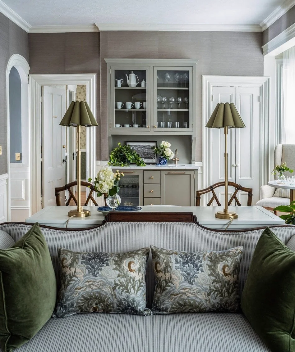 Other views of our interiors for the main salon at the Isaiah Jones Bed &amp; Breakast.  Shown are my design sketches for the furniture piece created to anchor a lovely &lsquo;cafe&rsquo;  area where guests can make  themselves tea or coffee at any t
