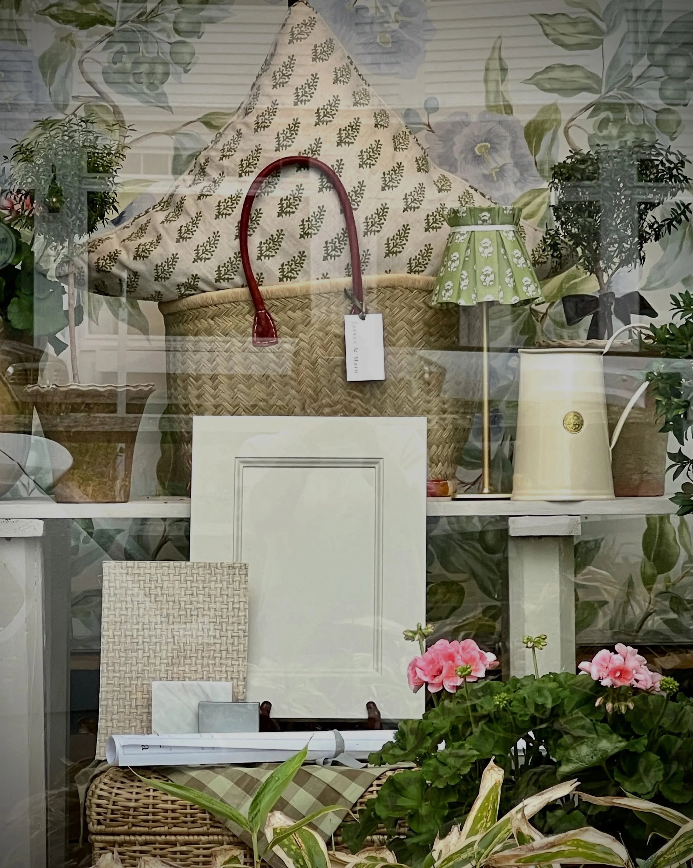 Shop windows&hellip;lately 
Our window vignettes typically reflect life in the shop:  current design projects, new makers and products that intrigue us, colors and patterns we think you&rsquo;d love&hellip;greenery always.  A bit of fantasy, endless 