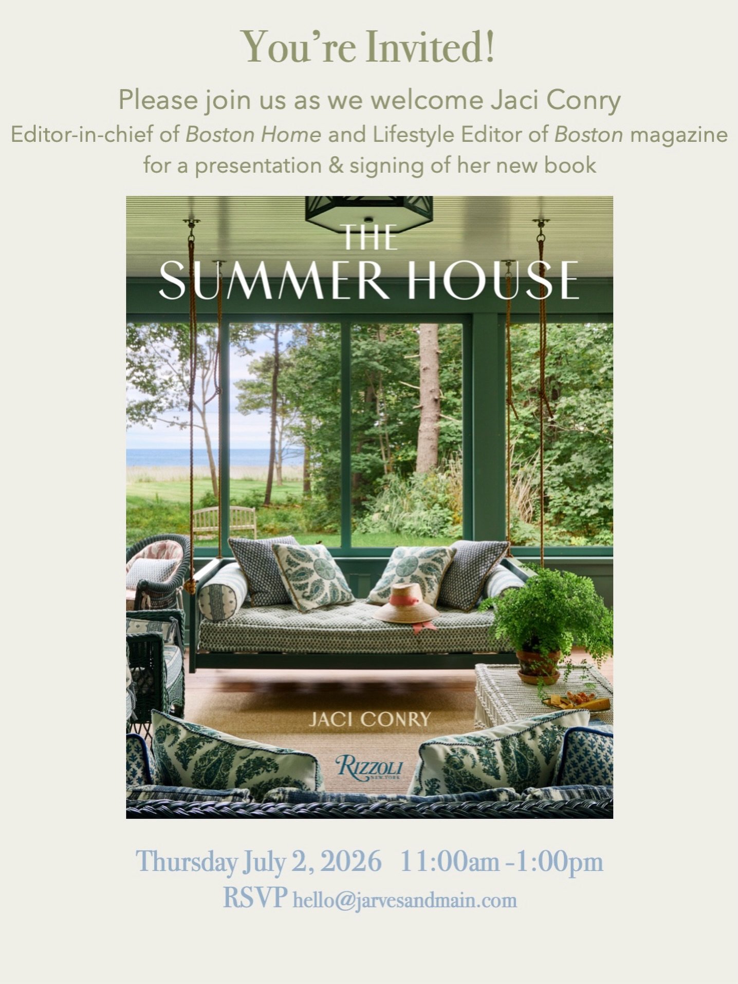 The perfect way to kick off the Season!  Join us for a morning with editor and author, Jaci Conry, exploring some of the most stylish residences in the Northeast.  Her new book, The Summer House, takes us on private visits to these charming, evocativ