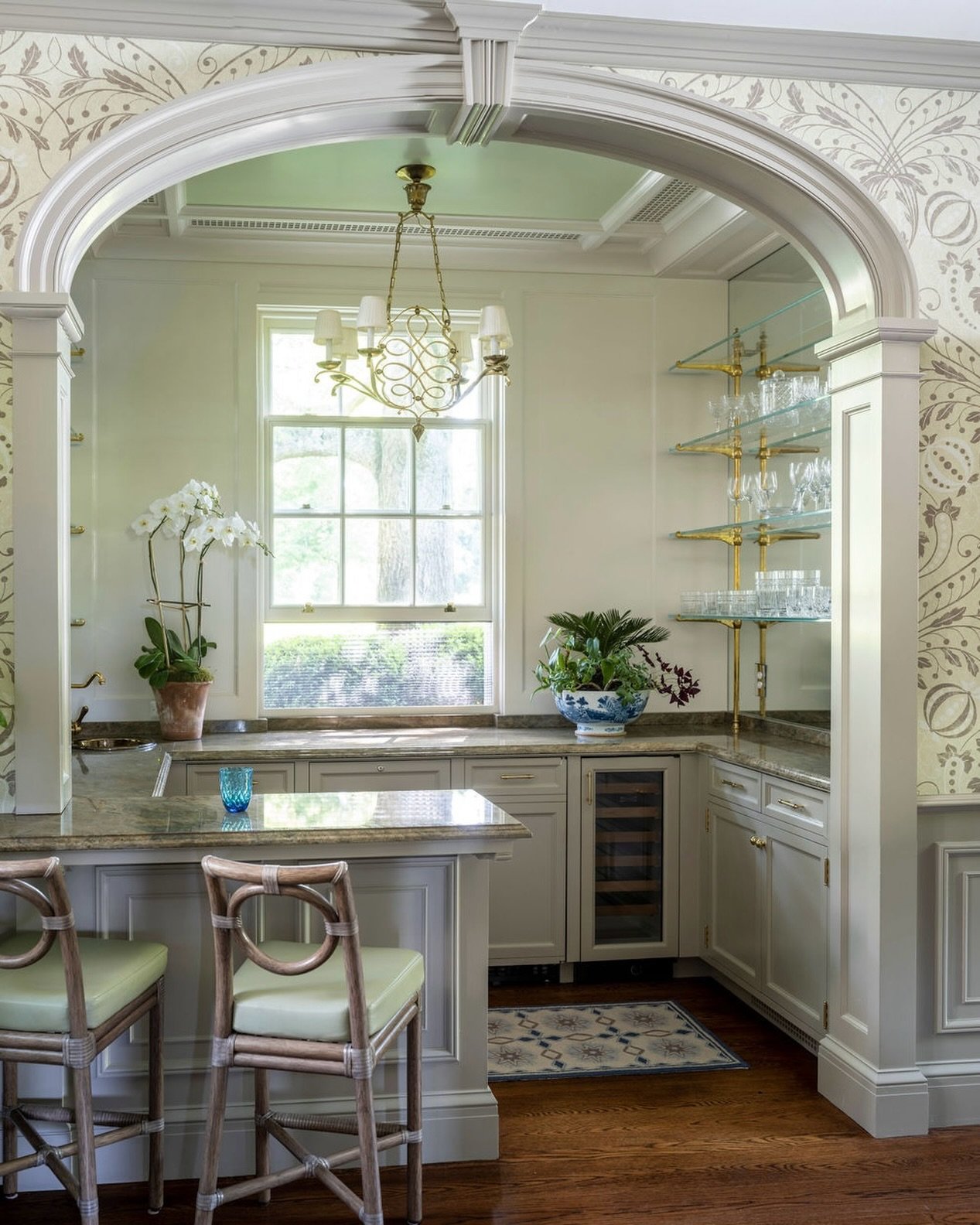 This little jewel box really entertains!  Designed into a niche in a back stair hall, it is a delightful surprise as you turn the corner.  Bringing together so many materials in such a small space required a lot of detailed drawings, enthusiastic tra