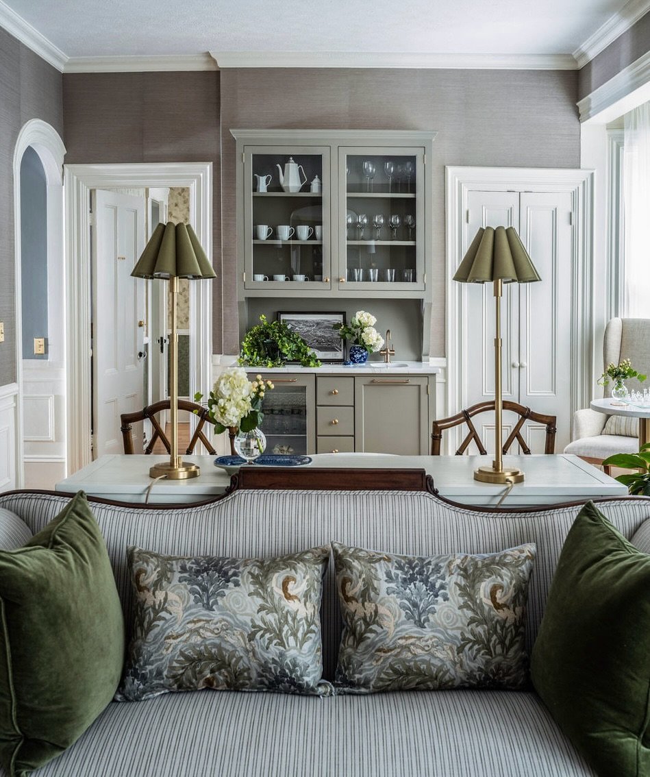 Other views of our interiors for the main salon at the Isaiah Jones Bed &amp; Breakast.  Shown are my design sketches for the furniture piece created to anchor a lovely &lsquo;caf&eacute;&rsquo;  area where guests can make  themselves tea or coffee a