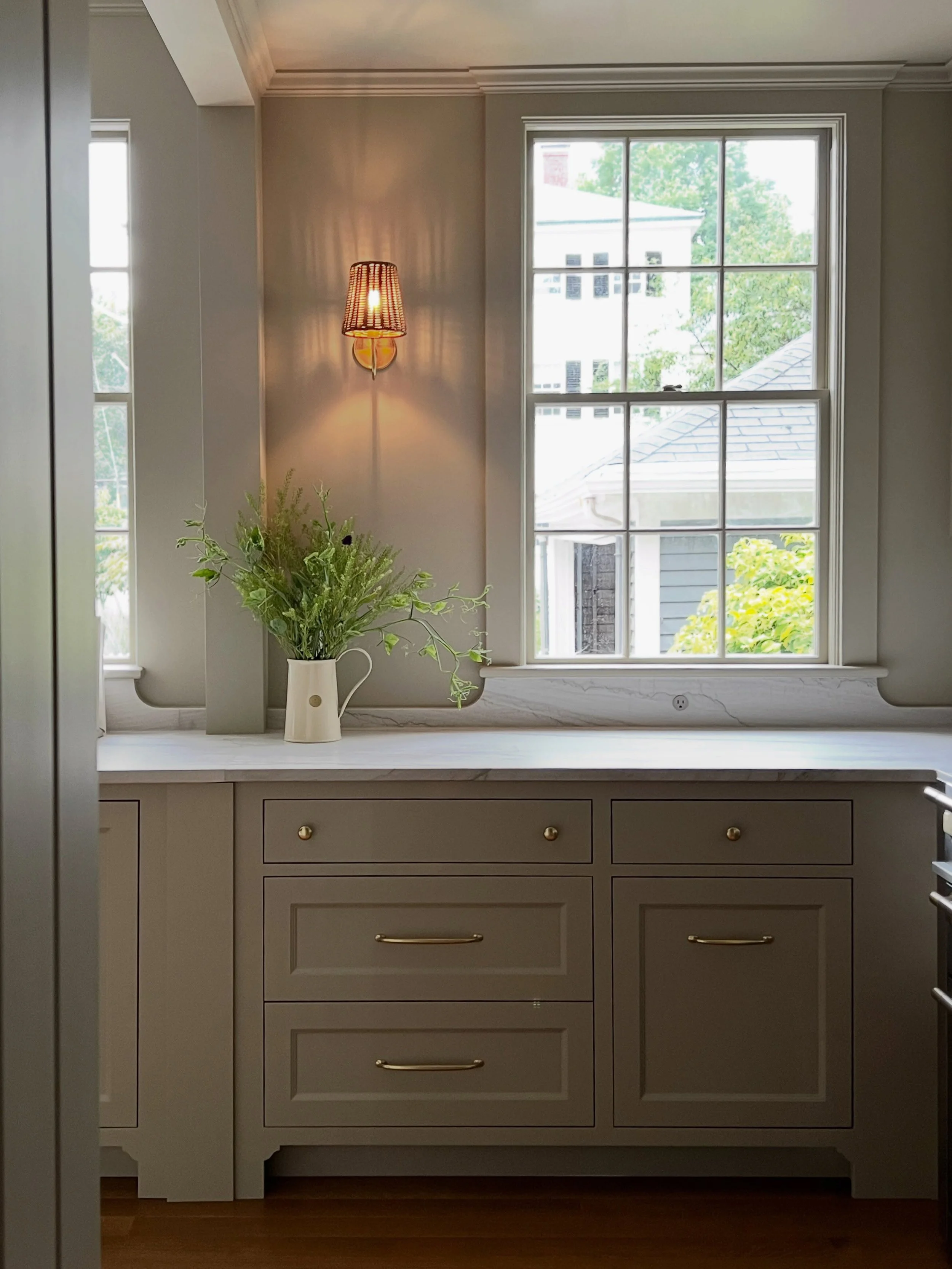Design in detail:  a tiny glimpse of an ongoing renovation and interiors project, after and before. 
Pencil and paper, an idea, a vision for what could be. 
Craftsmanship seamlessly brings together the lovely palette of materials, experience guides t