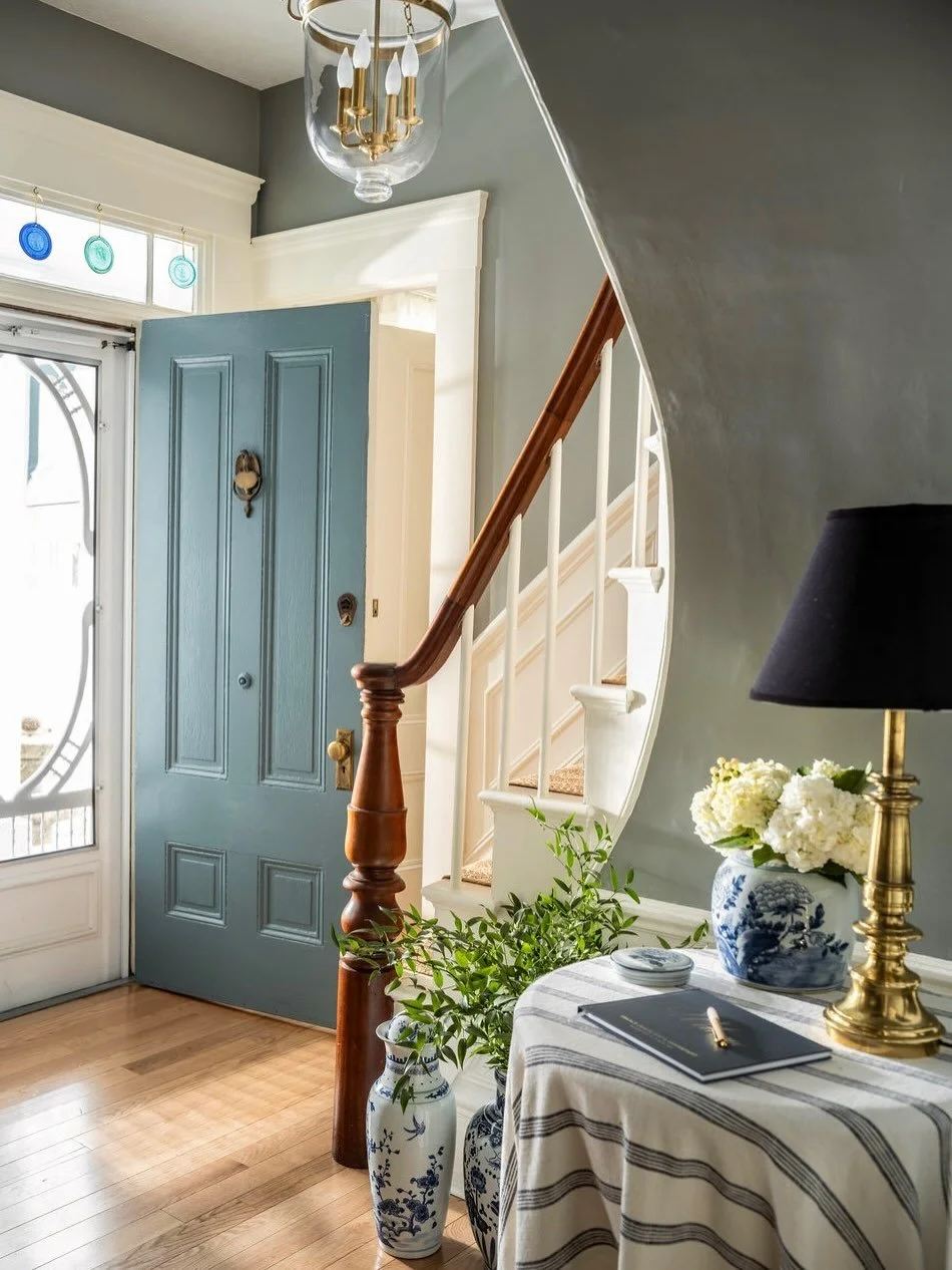 Good morning  and Welcome!

The owners of Isaiah Jones Bed &amp; Breakfast wanted guests to feel instantly relaxed upon arrival&mdash;our design for the entry foyer is a lovely start to their experience!  A swirling stair, a skirted table and a myste