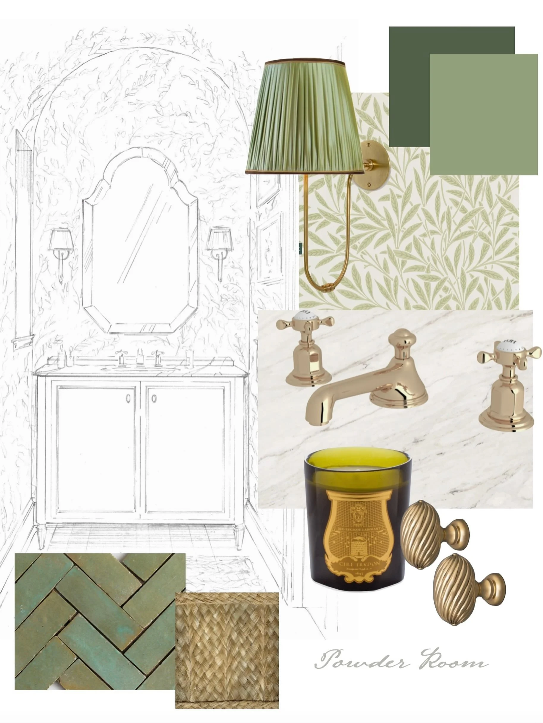 This powder room, designed for a 1920&rsquo;s Tudor style home in Connecticut, is a lovely play on color, pattern and texture.  Balancing these elements with the scale of the space creates peace &mdash; too often small spaces can easily look chaotic 