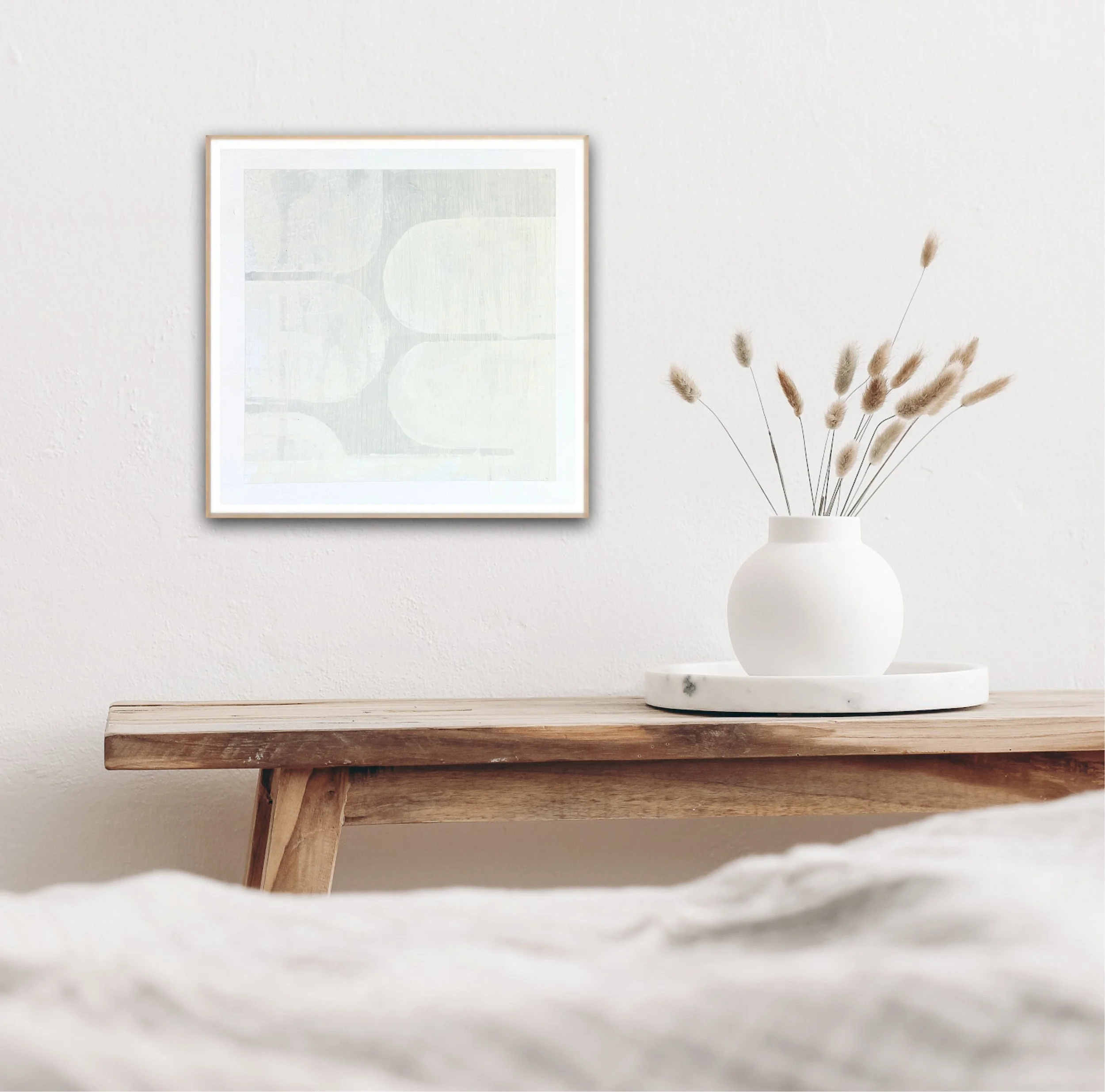 Painting titled Fog, abstract geometric shapes highly textured in white and pale gray