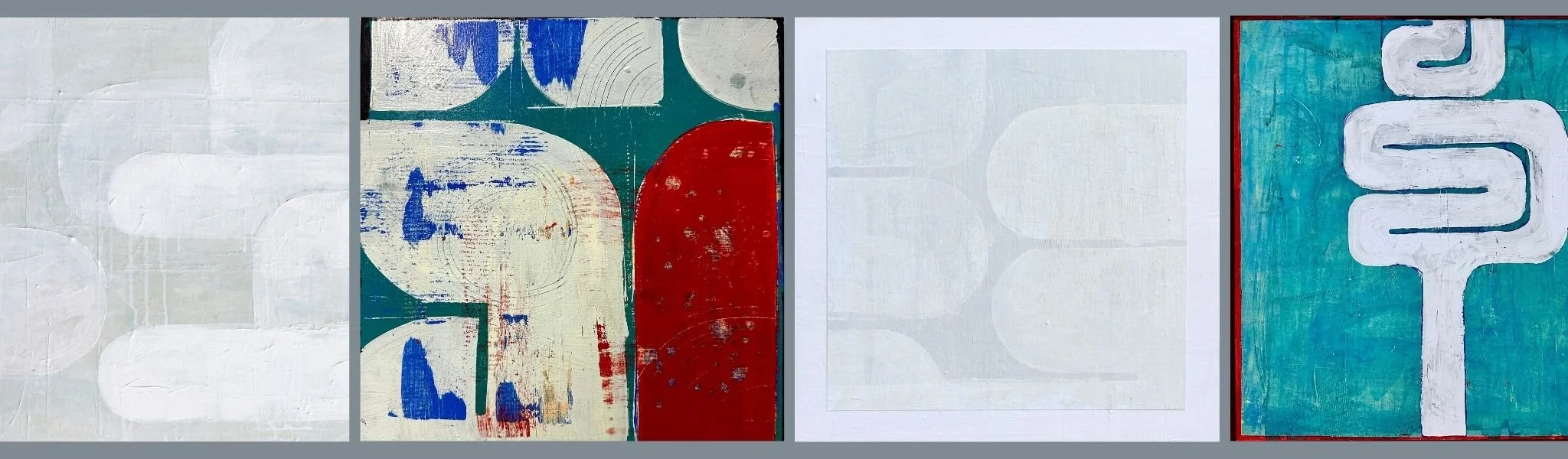 graphic of four abstract paintings in rich colourful palettes