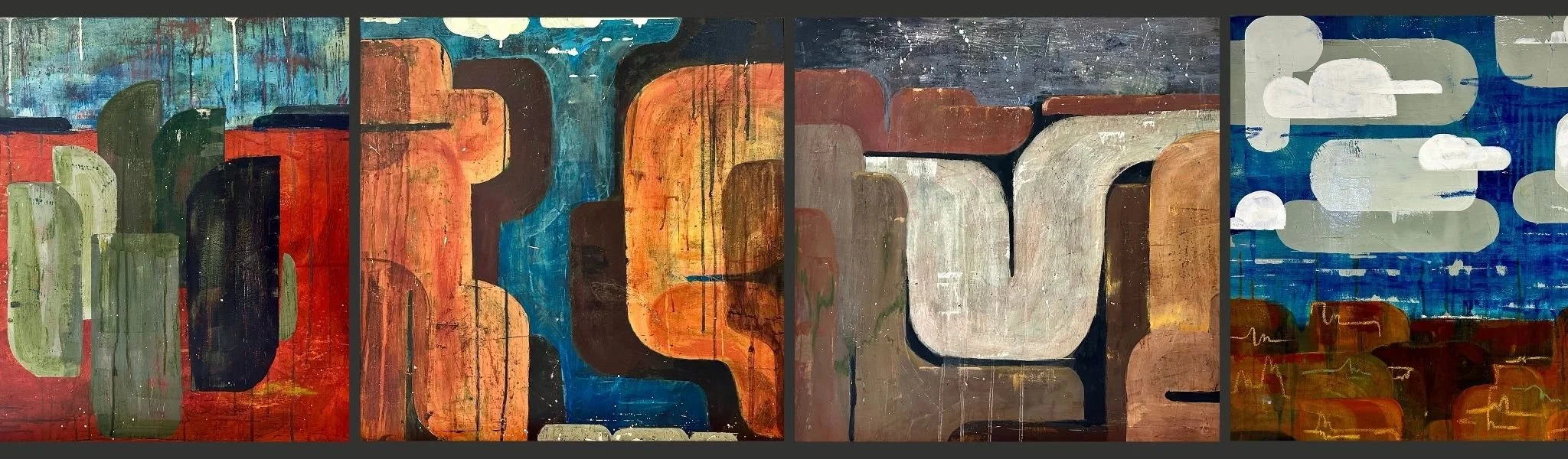 graphic of four paintings in rich earth tones inspired by scenery in the American Desert West