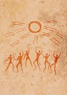 Ancient rock painting of six human figures dancing under a large sun with radiating lines.