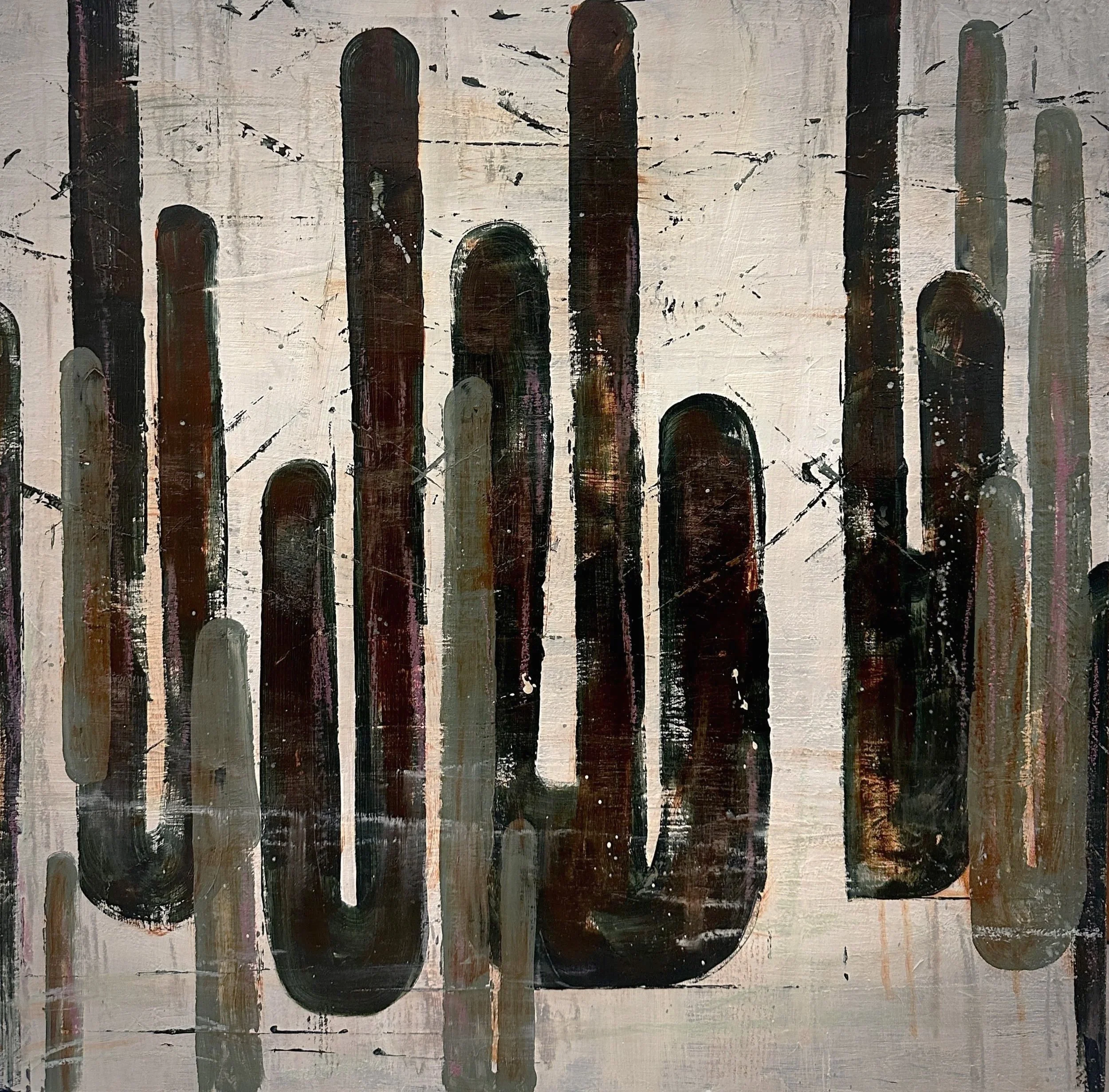 Abstract painting with vertical elongated oval shapes in dark colors on a textured background.
