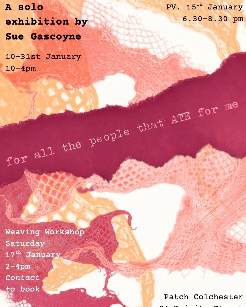 @sue.gascoyne 's new exhibition 'for all the people that ATE for me' is now open. Come to Patch Atrium (patch gallery) in Colchester for a feast of the senses. A huge thanks to all the people who collected fruit &amp; veg net bags!

Private view - Th