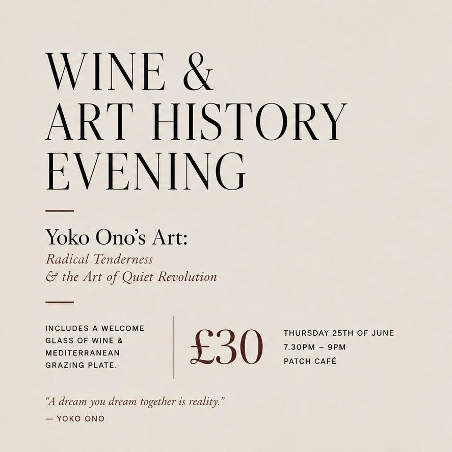 @solange.gulizzi presents An evening of Wine &amp; Art History: Yoko Ono's Art

You've heard of Yoko Ono. Now come and discover her influential work as a performing artist and peace activist.

It&rsquo;s a summer evening.

You are at Patch Caf&eacute