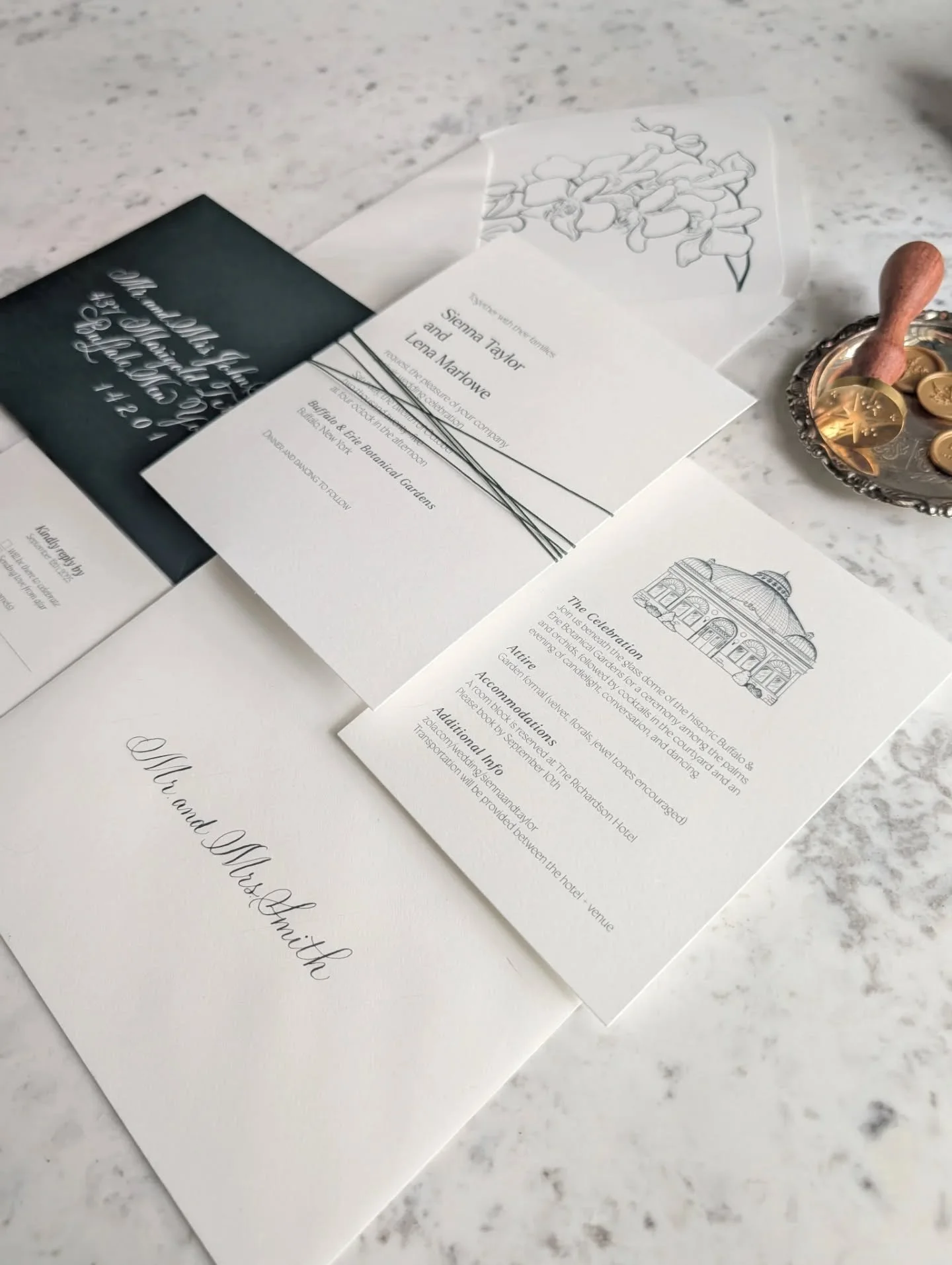 Not every wedding needs a venue illustration.
But this one absolutely did.

The Buffalo &amp; Erie Botanical Gardens was already doing the most--so we let it lead the design.

Now booking custom wedding paper for Spring 2026

💌 Inquire via link in b